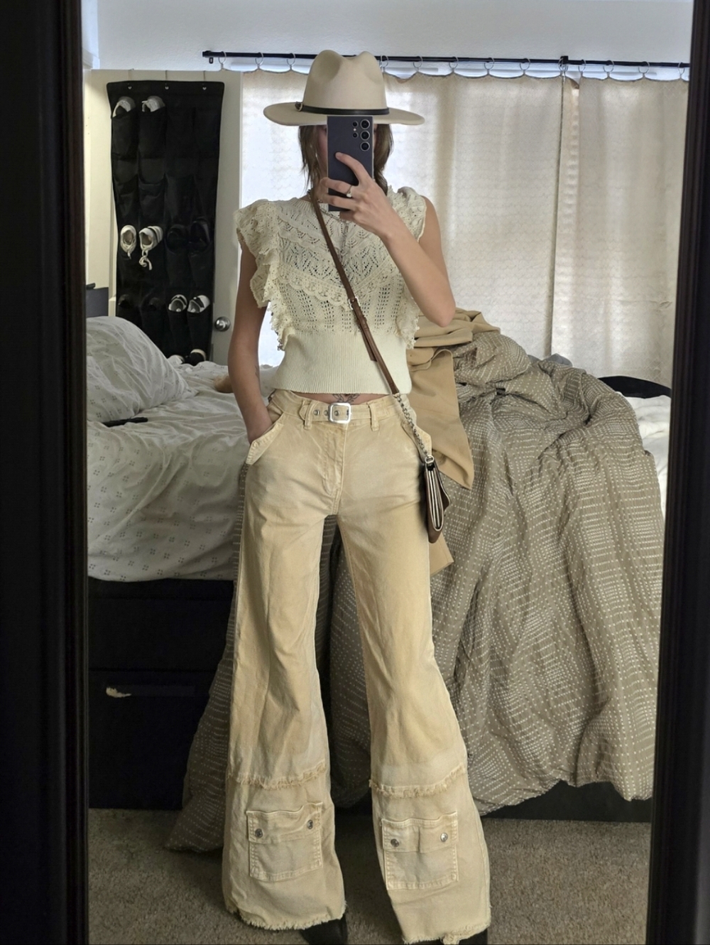 Zara Cream Crochet Knit Ruffle-Sleeve Top